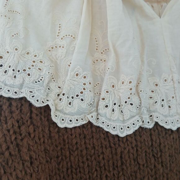 Zara Contrast Knit Cropped Sweater Long Neck Eyelet Peasant Boho Hippie Farmcore - Picture 10 of 11